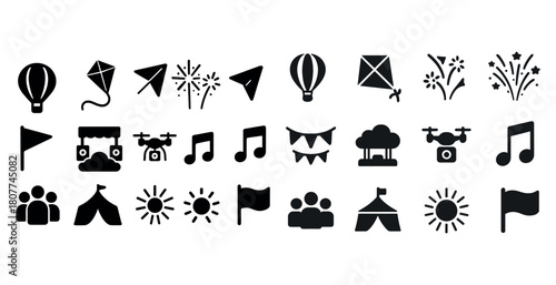Festival icons collection: balloons, kites, fireworks, and drones