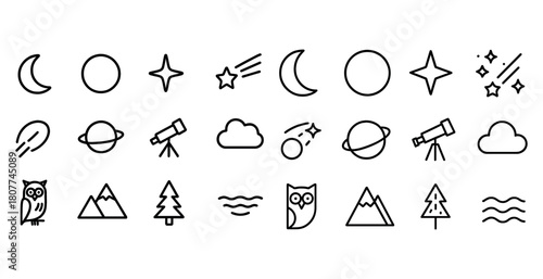 Space and nature icons collection: moon, star, planet, owl, mountain, tree, cloud