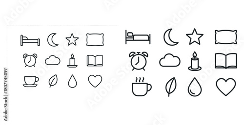Minimalist sleep and nature icons set with bed, moon, star, pillow, alarm, cloud, candle, book, cup, leaf, drop, heart