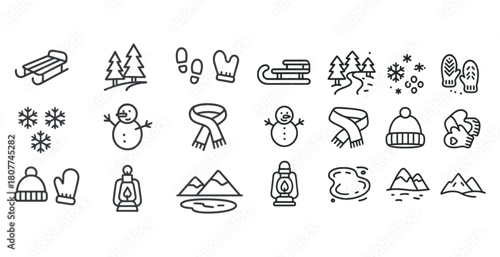 Fototapeta premium Winter essentials and activities icons: snowmen, sleds, scarves, and more