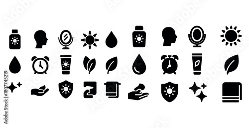 Wellness and hygiene icons: skincare, nature, time