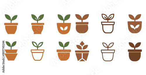 Simple plant icons in pot with leaves: green and brown leafy designs