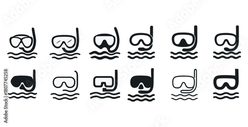 Diverse snorkel and mask icons set: outlined designs with waves