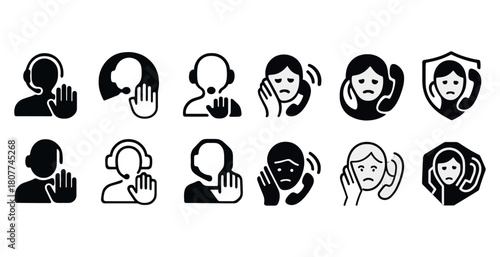 Customer service icons: headsets, call centers, communication symbols