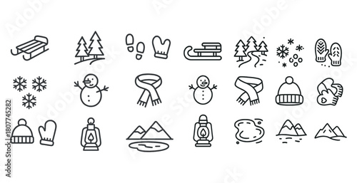 Winter essentials and activities icons: snowmen, sleds, scarves, and more