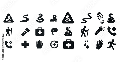 Snake bite safety and outdoor emergency icons set: hiking, first aid, and hazard signs