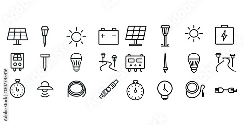 Solar energy icons set including panels, batteries, lights, clocks, and connectors