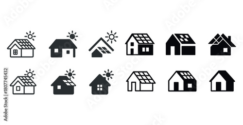 Set of 12 solar panel house icons in black and white