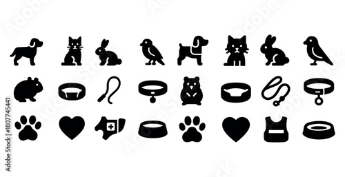 Collection of pet icons: dogs, cats, rabbits, and accessories