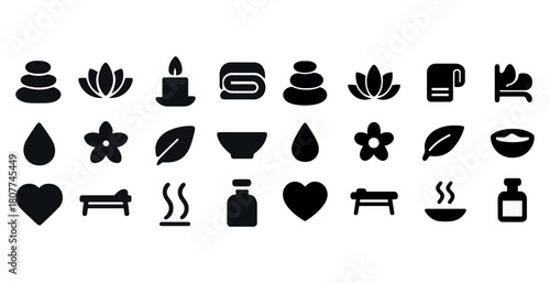 Spa and wellness relaxation icons set featuring stones, flowers, candles, and essential oils
