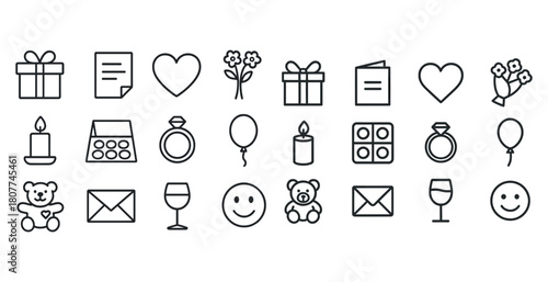 Line art icons of gifts, hearts, balloons, flowers, and smiley faces