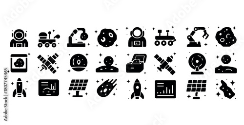 Space exploration icons set: astronauts, satellites, rovers, and asteroids