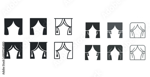 Set of different curtain icons in various styles and designs