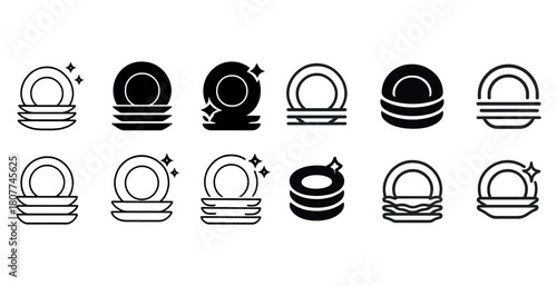 Set of dishwashing icons representing clean dishes and plates in black and white designs