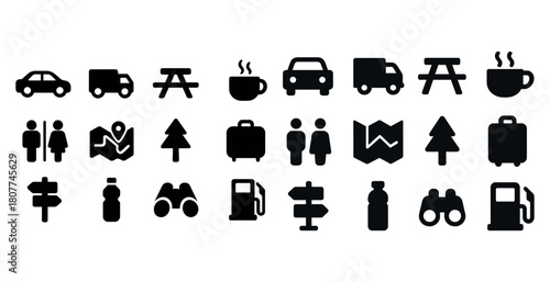 Set of diverse travel and navigation icons in black and white
