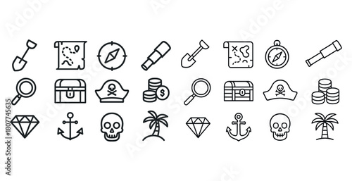 Treasure hunt icons set: shovel, map, compass, telescope, skull