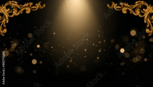 Elegant golden light effect with ornate corner details and bokeh on a dark background for a luxurious feel