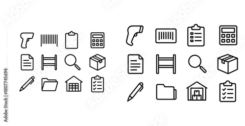 Various inventory and management icons including scanner, barcode, calculator, clipboard, box, warehouse