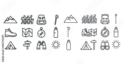 Outdoor adventure icons: hiking, camping, navigation, gear, and nature symbols