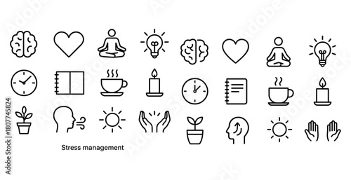 Set of stress management icons - meditation, relaxation, mindfulness, wellness symbols