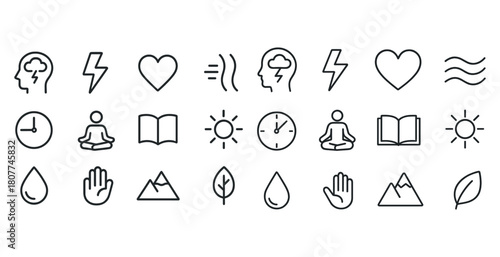 Minimalist icon set: meditation, weather, and wellness symbols in line art