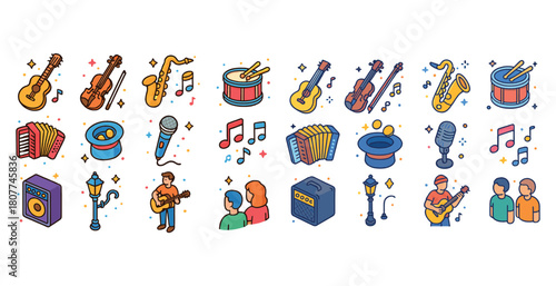 Colorful music icons featuring instruments and performers in vibrant cartoon style