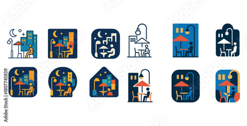 Stylized night cafe icons - outdoor dining under moon and stars