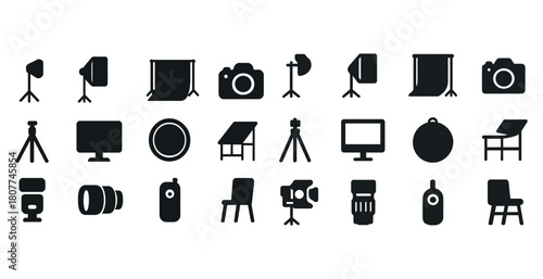 Photography studio equipment icons set: cameras, lighting, tripods, backdrops, monitors, chairs