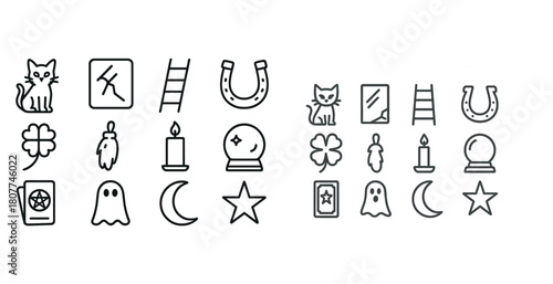 Vector set of good luck and fortune icons with cats, horseshoes, ghosts, and tarot symbols