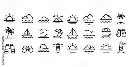 Minimalist beach and ocean icons set with sunset, boat, and lighthouse designs