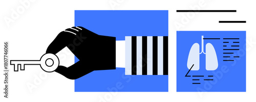 Black glove holds key near lung diagram with annotations and document layout. Ideal for security, healthcare access, innovation, data privacy, diagnostics, solutions, modern design. Simple flat