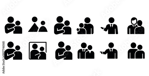Set of family and business silhouettes icons representing relationships and professional interactions