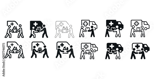 Emergency medical icons set featuring ambulance and patient transport