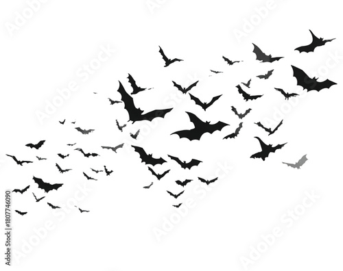 A large flock of black bat silhouettes flying together in a swarm.