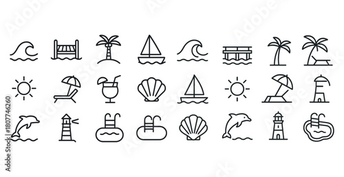 Minimalist beach icons collection featuring tropical and nautical elements