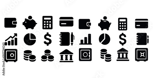 Financial icons: wallet, calculator, piggy bank, dollar sign, chart, safe, bank