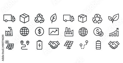 Sustainable logistics and renewable energy icon set for eco-friendly business solutions