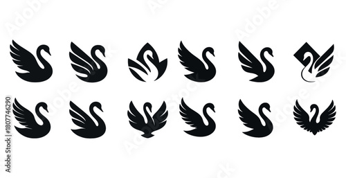 Elegant swan silhouettes collection in various artistic styles and patterns