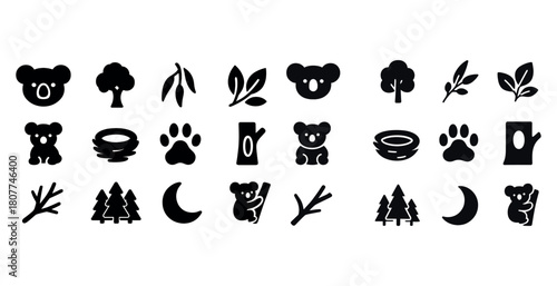 Koala icons collection with trees, paws, and moons in black and white