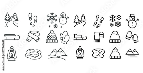 Winter icon set with snowflakes, snowmen, and sleds