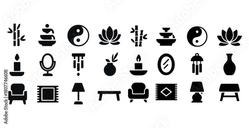 Elegant home decor icons set: zen, bamboo, candle, vase, furniture elements