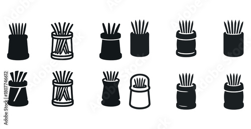 Variety of buddhist fortune sticks in containers icon set