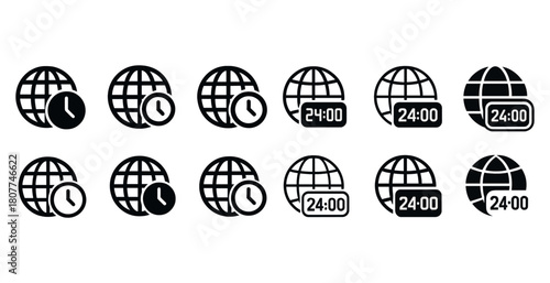 Global time icons collection: clocks and world symbols in black and white