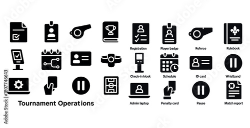 Tournament operations icons: registration, schedule, check-in, referee, rules