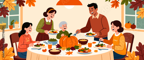 Family serving Thanksgiving dinner in fall colors