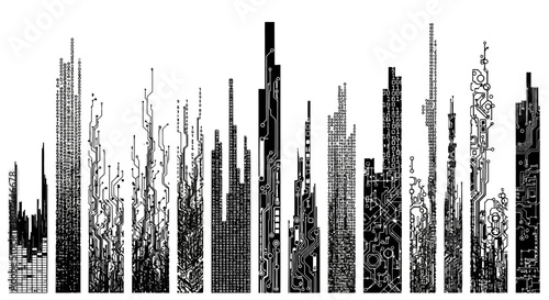 Abstract monochrome composition of vertical bars with intricate digital and organic patterns.
