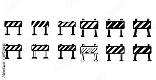Set of black and white traffic barrier icons in various designs
