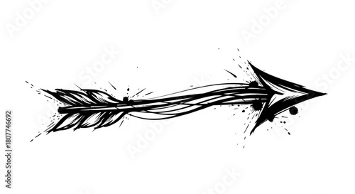 Stylized black arrow with grunge ink splatters and sketchy lines pointing right on a white background.