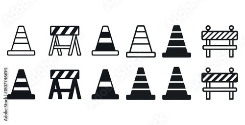 Traffic cone and barrier icon set - construction and safety symbols