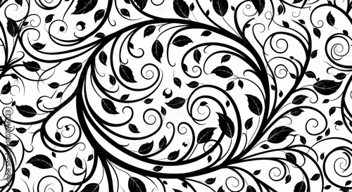 Black and white floral pattern with intricate swirls and leaf details, creating a decorative design.